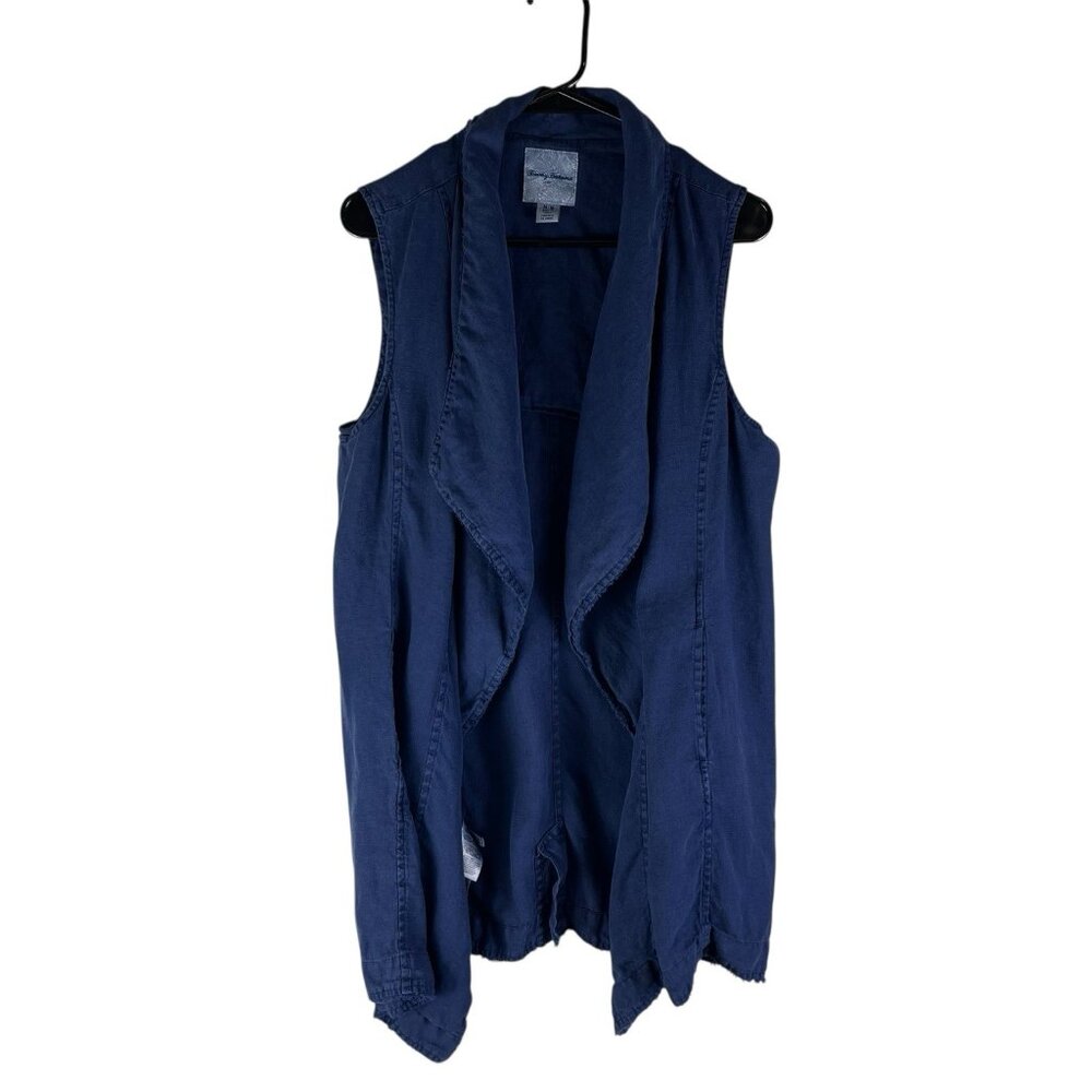 Tommy Bahama Linen Drape Vest Medium Blue Pockets Open Front Fringe